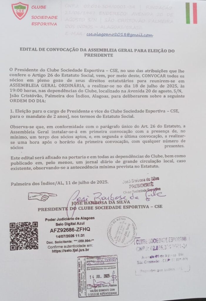Edital de convocação para eleições no CSE. Foto: reprodução